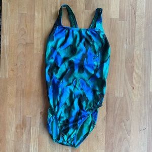Vintage Blue Green 80’s Print Speedo Racerback one piece swim XL
